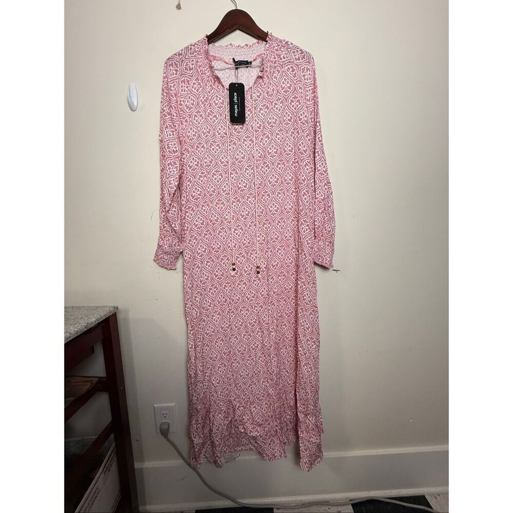 Maya’s Place Reyna Boho Maxi Dress Pink Geometric Print Long Sleeve NWT XL